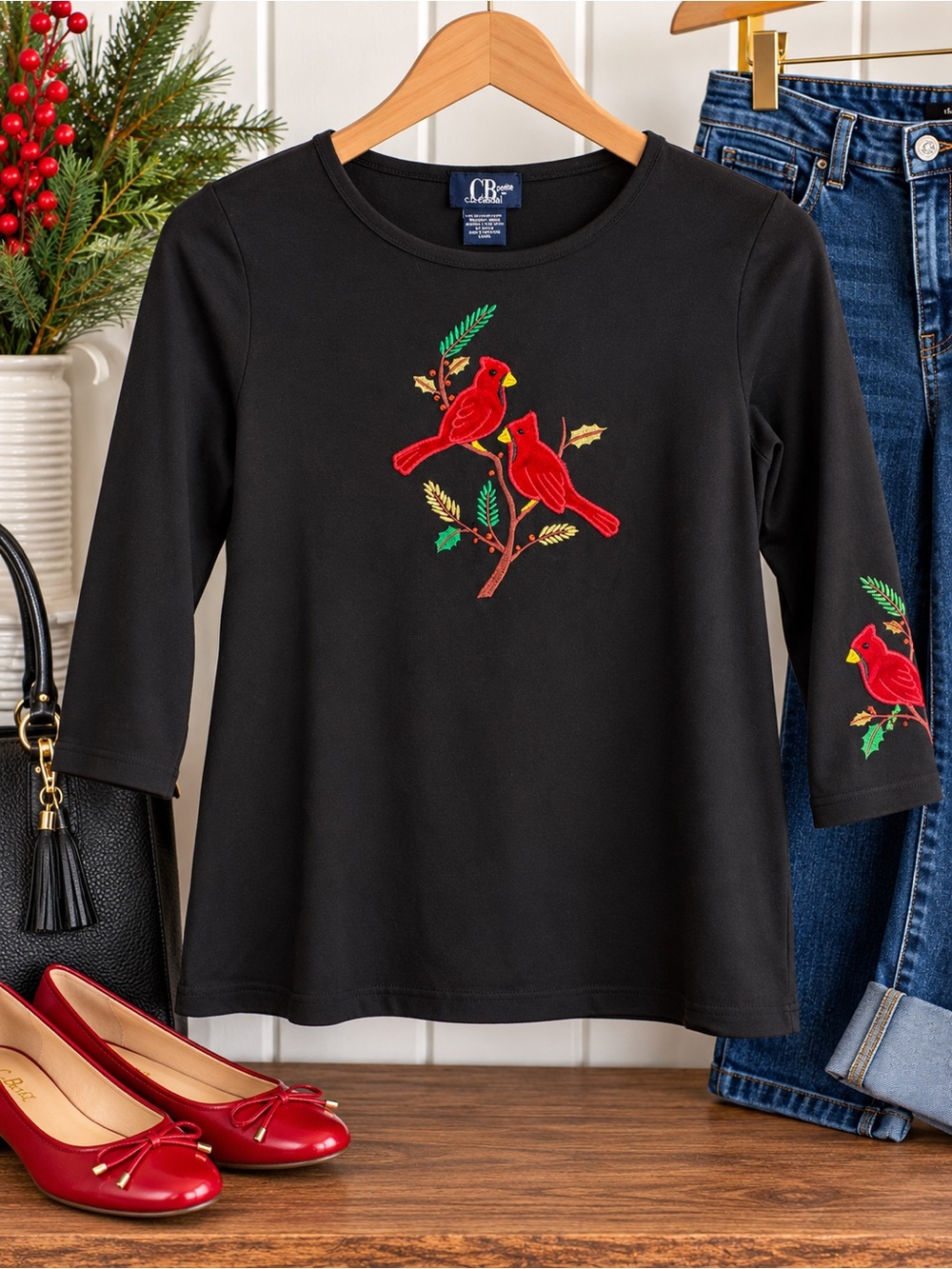 CB casual Black Long Sleeve Tee with Red Cardinal Embroidery